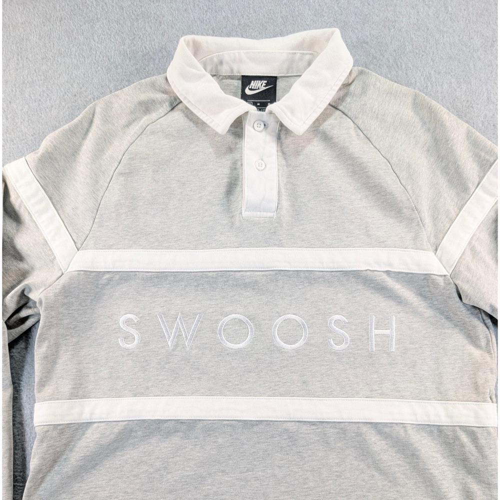 Nike Swoosh Mens Grey White Long Sleeve Rugby Polo Shirt Medium 20.5x27